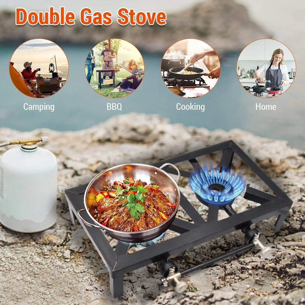 Cast Iron Double Burner Portable Outdoor Camp Stove Propane Gas LPG BBQ Cooker