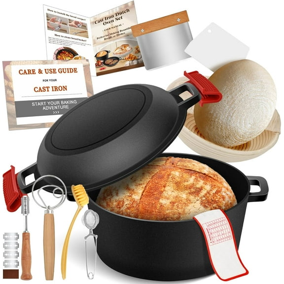 Cast Iron Dutch Oven for Bread Baking, Banneton Bread Proofing Basket Sourdough Bread Baking Supplies, 2-in-1 Dutch Oven Pot with Skillet Lid Cooking Pan Handles Lame, 5QT