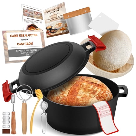 Cast Iron Dutch Oven for Bread Baking, Banneton Bread Proofing, Basket Sourdough Bread Baking Supplies, 2-in-1 Dutch Oven Pot with Skillet Lid Cooking Pan Handles Lame, 5QT