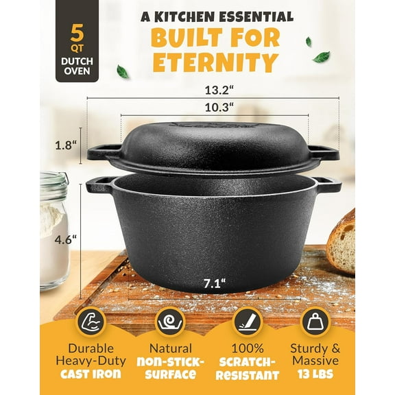 Cast Iron Dutch Oven for Bread Baking - 5QT with Banneton Basket and Sourdough Tools