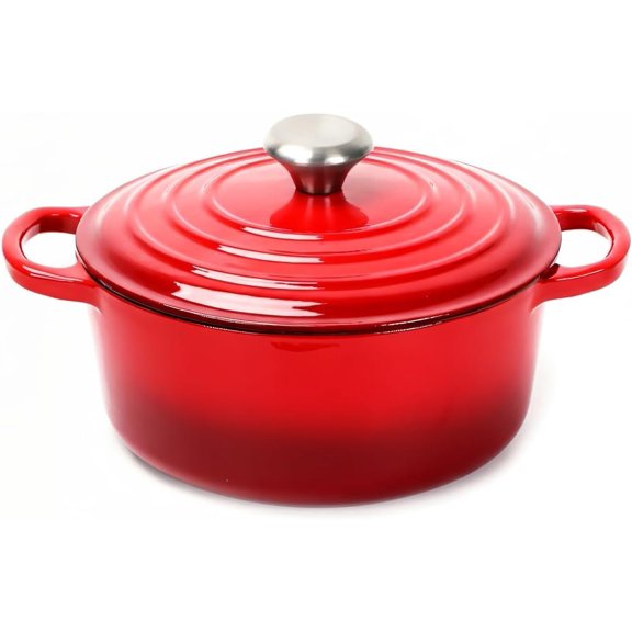 Cast Iron Dutch Oven Pot with Lid - Deep Cooking Pot for Bread, Stews, Casseroles - Oven Safe Cookware, Kitchen Essential & Wedding - Compatible with Heat Sources (Red)
