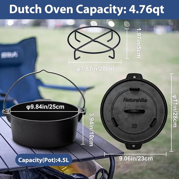 Cast Iron Dutch Oven Pot with Lid - 4.76 Qt Pre-Seasoned Camping Cookware for Stove Grill Campfire