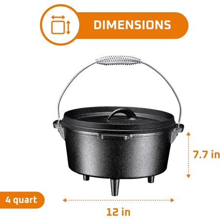 Cast Iron Dutch Oven Pot with Lid, 4-Quart, Enameled Cookware for Campfire Cooking