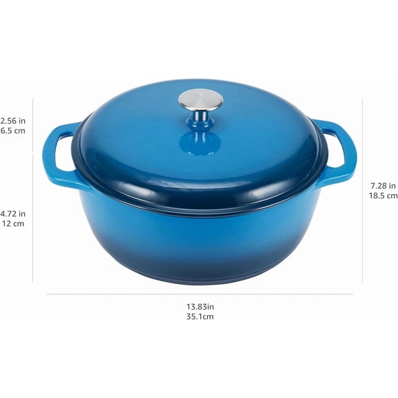 Cast Iron Dutch Oven Pot with Lid, Enameled, Round, Dual Handles, Heavy-Duty, Medium, 6-Quart, Blue