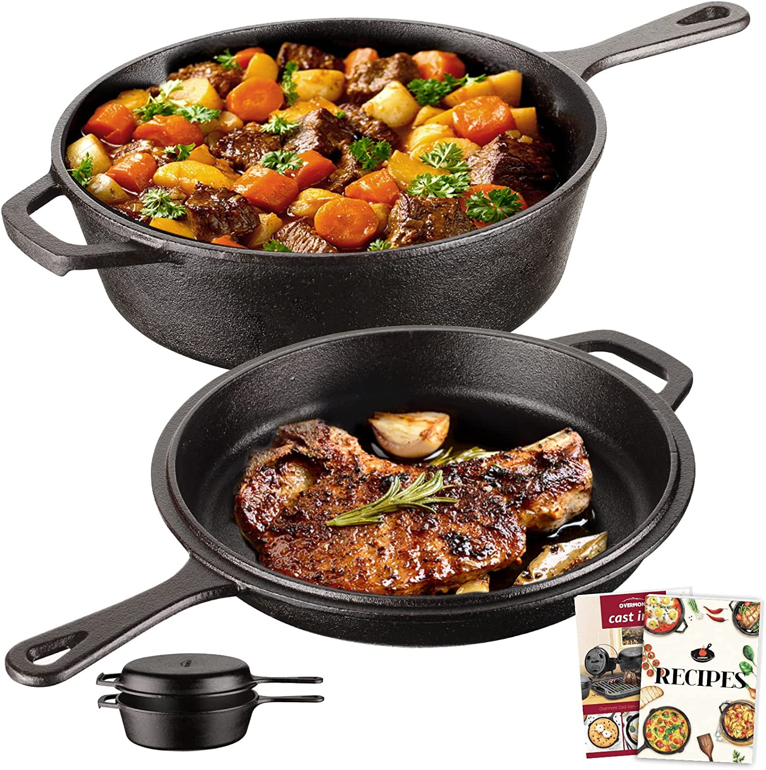 Cast Iron Dutch Oven with dual use Skillet lid for Oven, Induction, Electric, Grill, Stovetop, (3.2QT Pot, 10.5 inches)
