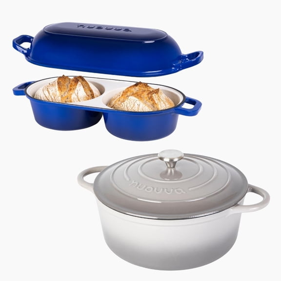 Cast Iron Enamelled Casserole Dish & Double Bread Loaf Pan Bundle Dutch Oven Cookware with Lids for Baking, Roasting & Everyday Cooking