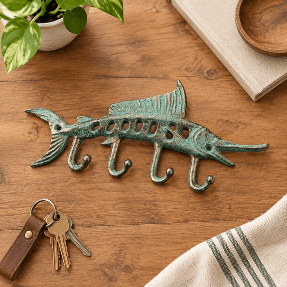 Cast Iron Fish Wall Hook With 4 Hooks Rustic Key Holder And Leash Mounted For Entryway Bathroom Garden