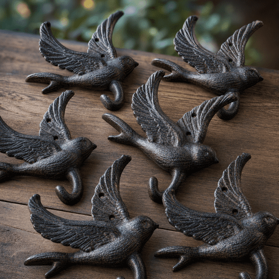 Cast Iron Flying Bird Wall Hooks Set of 6, Rustic Farmhouse Decor for Coats Bags Hats Towels