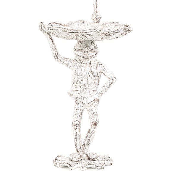 Cast Iron Frog Bird Feeder, Garden Frog Statue Holding Leaf Outdoor Small Bird Bath Bowl, Indoor Candy Dish, Patio Tabletop Decoration