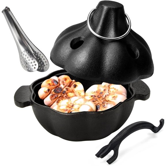 Cast Iron Garlic Roaster with Handle, Smoker Roaster, Cooker, Baker, Mini Roasting Pot, Potato Cocotte, Used in the Kitchen Oven or Outdoors on a BBQ Grill Stove