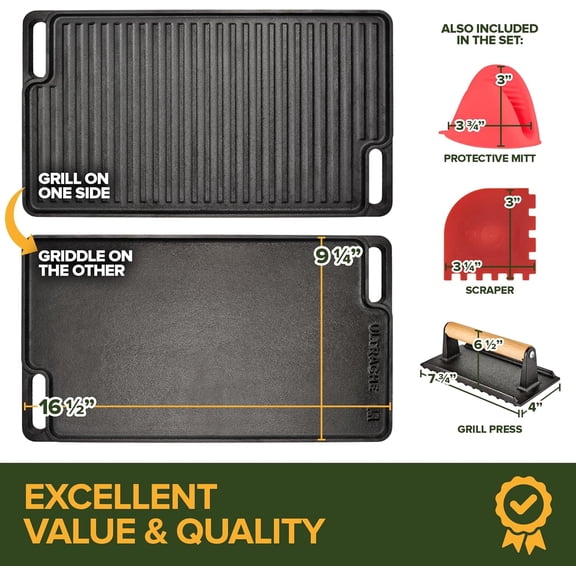 Cast Iron Griddle/Grill Reversible Combo Set + Protective Mitts, Grill Press & Scraper- Pre-seasoned Indoor & Outdoor gas Stove Griddle- Stovetop, Camping or Home Cooking Non-Stick Griddle Pan