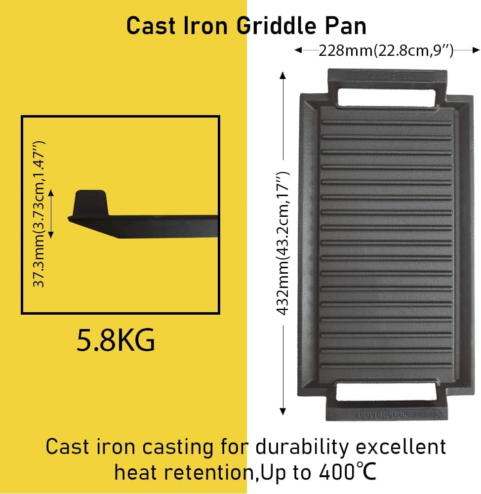 Cast Iron Griddle Pan with 2 Handles, Rectangular Grill for Induction Electric Cooktop, 16 x 9inch