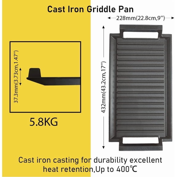 Cast Iron Griddle Pan with 2 Handles, Rectangular Grill for Induction Electric Cooktop, 16 x 9inch