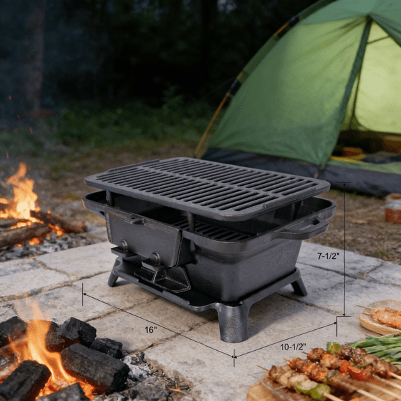 Cast Iron Grill Griddle Portable Tabletop Charcoal Hibachi Grill with Carrying Handles Cast Iron Outdoor Grill for Camping Tailgating Picnic Backyard Patio BBQ Dual Use as Grill or Flat Top Skillet