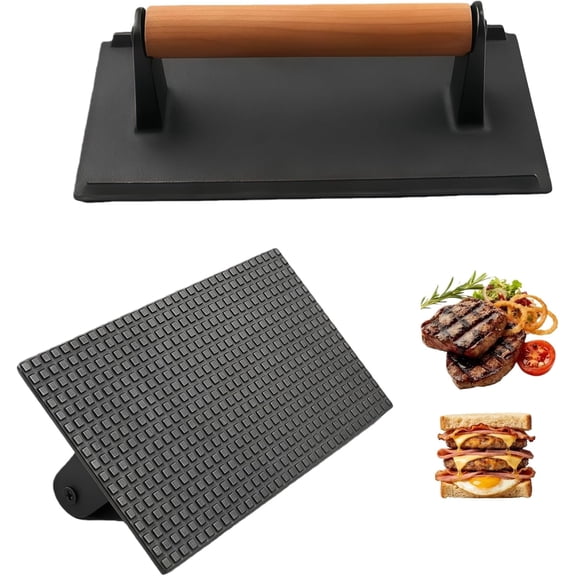 Cast Iron Grill Press – 7 Inch 2lbs Round Heavy Duty Smash Burger & Steak Press Weight with Ribbed Base, Wood Handle for Superior Searing and Grill Marks
