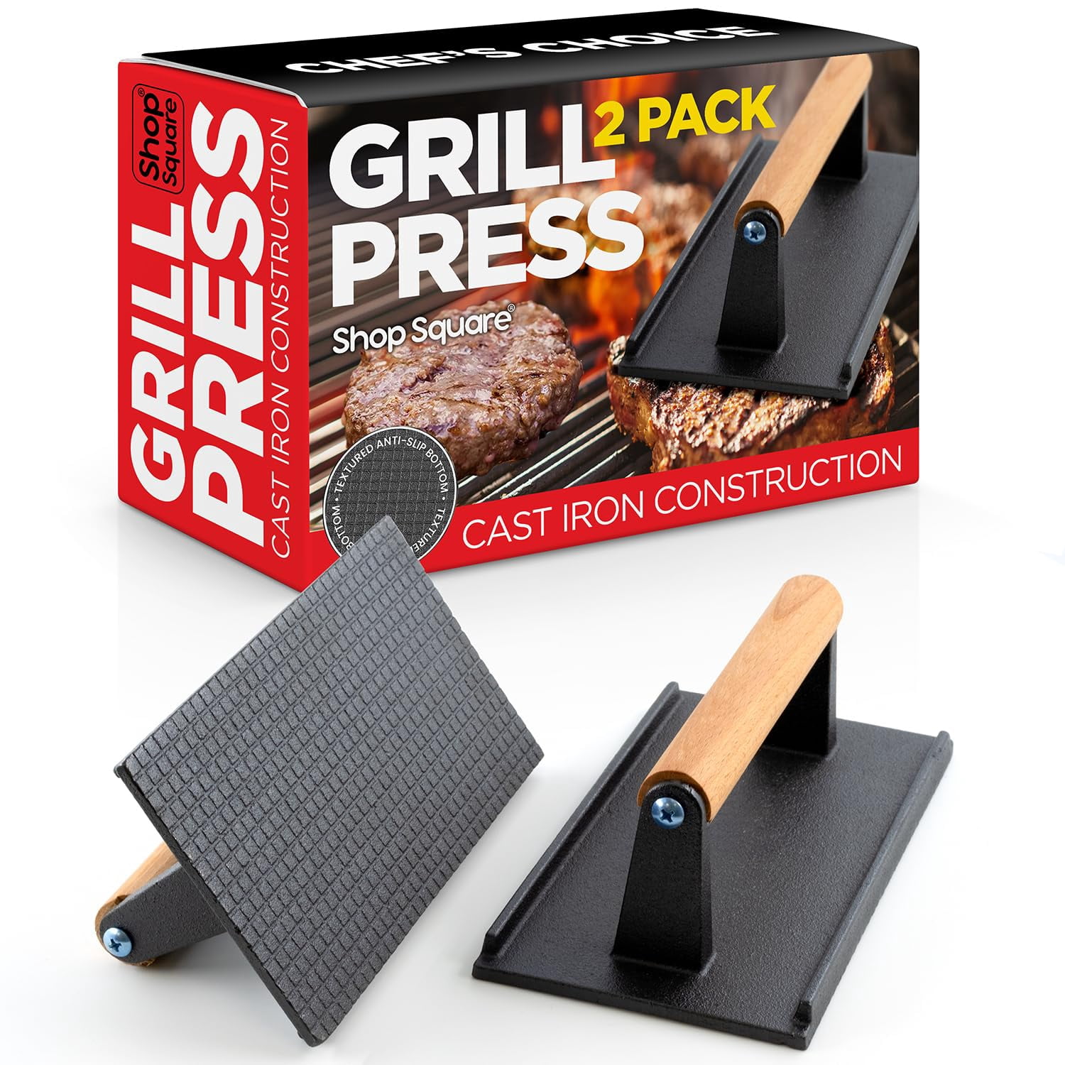 Cast Iron Grill Press (Set of 2) - 8 x 4 Inch, 2.6 lb Griddle Press, Meat Press with Cool-Touch Wood Handle