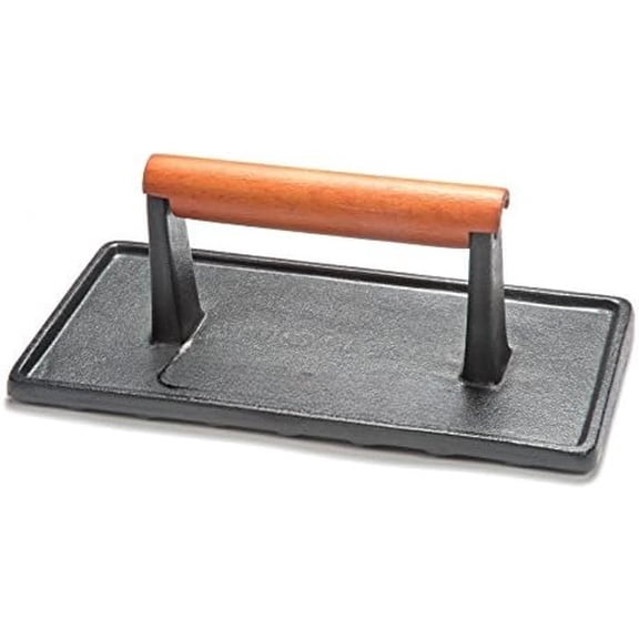 Cast Iron Grill Press with Wooden Handle, Heavy Duty Nonstick Rectangle Burger Press with Wood Handle, Perfect Grill Accessory for Steak, Bacon, Paninis and More