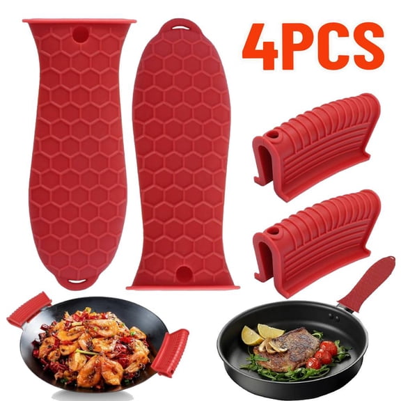 Cast Iron Handle Cover 4 Pack, Heat Resistant Material Pot Handle Holders, Non-Slip Pot Sleeve for Cast Iron Skillets, Metal Pans, Griddles (Red)