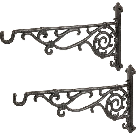 Cast Iron Hanging Plant Bracket, 16.5" Large Outdoor Wall Plant Hangers, 2pcs Black Heavy Duty Hanging Basket Hooks, Decorative Hooks for Flower Pot, Lantern, Wind Chime, Hummingbird Feeder