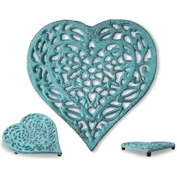 Comfify Cast Iron Heart Shaped Trivet, Heat Resistant Table Protector for Kitchen Countertop and Dining Table, Blue, 6.75 x 6.5 in