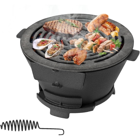 Cast Iron Hibachi Charcoal Grill With Double Sided Grate, Outdoor Portable Charcoal Stove Air Regulating Door Fire Gate, Tabletop Grill Barbecue Station For Camping Picnic Backyard, Black