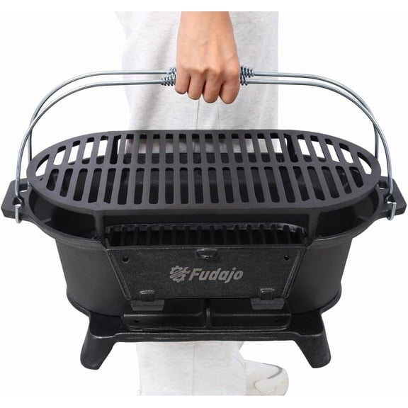 Cast Iron Hibachi Grill – Portable Charcoal BBQ for Outdoor Cooking, Durable Tabletop Skillet, Compact Camping Charcoal Cooker for Tailgating, Picnics & Hunting (Oval)