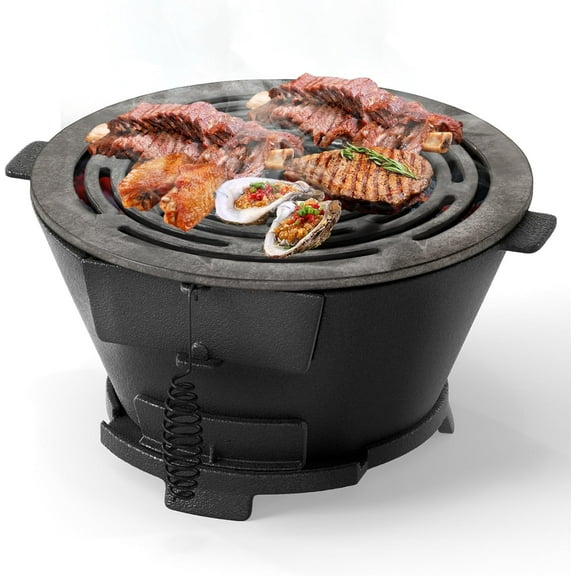 Cast Iron Hibachi Grill, Portable Japanese BBQ Charcoal Grill with Double-Sided Grate, Air Regulating Door & Fire Gate, Tabletop Camping Grill for Outdoor Cooking, Backyard, Picnic