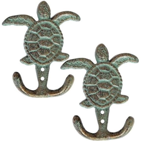 Cast Iron Hooks Cast Iron Sea Turtle Double Hook Bronze with Green Verdigris Patina Great Gift 3.5" W X 4.5" H (Turtle Hook, 2)