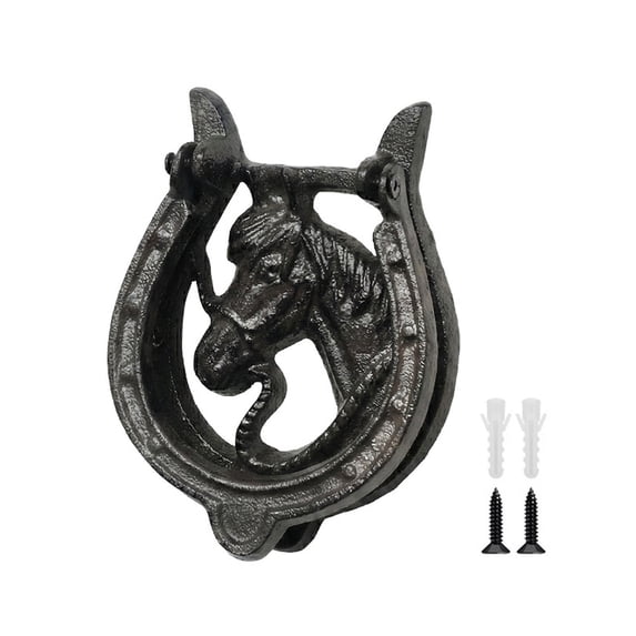 Cast Iron Horse Head Door Knocker - Vintage Antique Hammer Finish with Horseshoe, Rust Color Collectible for American Country Style Home Decor & Wall Accessories