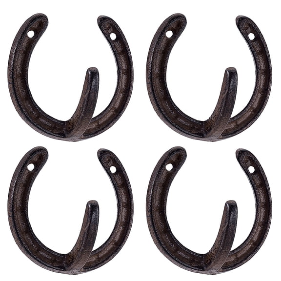 Cast Iron Horseshoe Hooks 4 Pack 3.5x3.7 Inch Rustic Wall Hooks with Pre Drilled Hole for Western Bathroom Equestrian Bridle Farmhouse Decor Silver