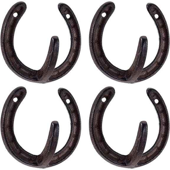 Cast Iron Horseshoe Hooks 4 Pack 3.5x3.7 Inch Rustic Wall Hooks with Pre Drilled Hole for Western Bathroom Equestrian Bridle