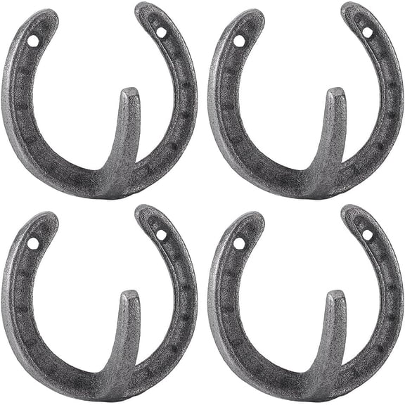 Cast Iron Horseshoe Hooks 4 Pack 3.5x3.7 Inch Rustic Wall Hooks with Pre Drilled Hole