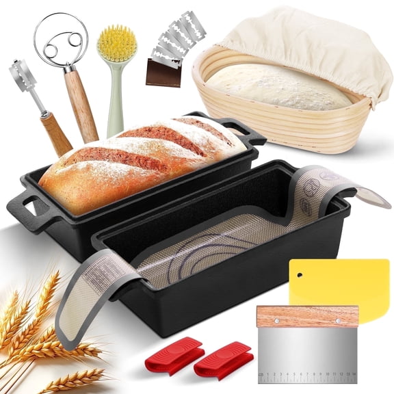 Cast Iron Loaf Pans for Baking Bread 9 x 5in, 2 Piece Pre-Seasoned Bread Pans for Homemade Bread, Includes Sourdough Bread Baking Supplies, Cast Iron Dutch Oven with Lid for Homemade Bread, Meat Loaf