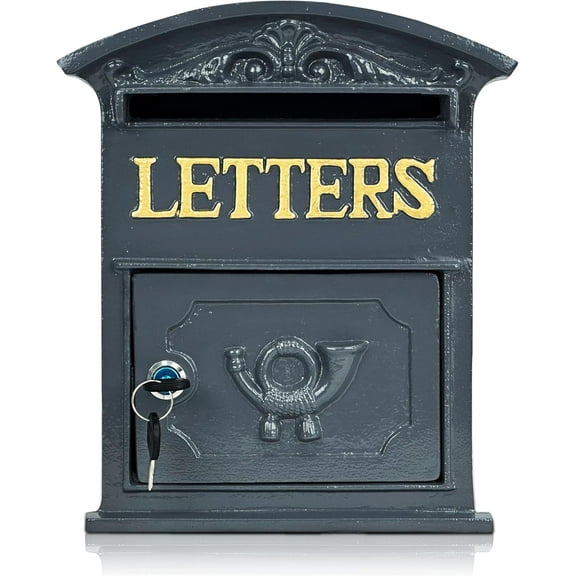 Cast Iron Mailbox Wall Mount  Vintage Mailboxes for Outside with Lock, Rustproof Mail Boxes for House Outside, Decorative Letter Box for Gate, Fence or Porch (9.13"x12.2"x3.32")