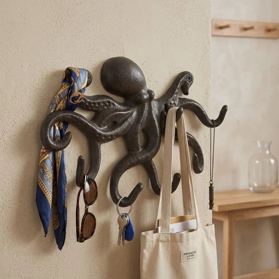 Cast Iron Octopus Wall Hook, Heavy Duty Nautical Tentacle Key Rack, Coastal Decorative Coat Towel Hanger for Beach House Entryway