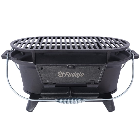Cast Iron Oval Charcoal Grill and Tabletop Skillet, Portable 100% Heavy Duty Hibachi Grill for Outdoor Camping and Tailgating