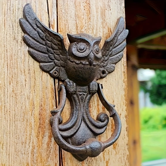 Cast Iron Owl Door Knocker, Winged Bird Front Door Hardware with Feather Detail
