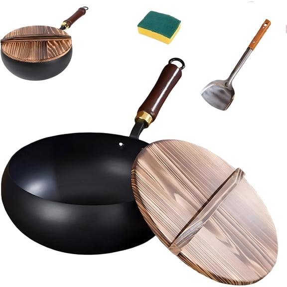 Cast Iron Pan - Iron Wood Cookware | Non-Stick Hand-Forged Japanese Frying Pan With Lid, Flat Bottom, Naturals Cooking