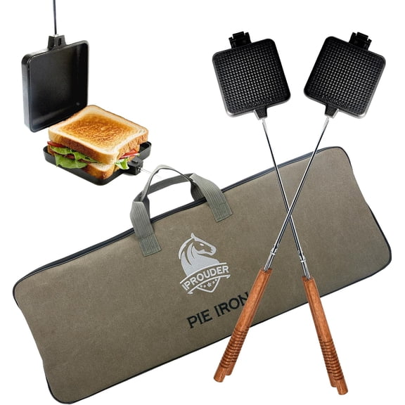 Cast Iron Pie Iron 4.9 Inch Large Sandwich Maker for Camping 2 Pcs with Storage Bag and 22.6 Inch Thickened Handles