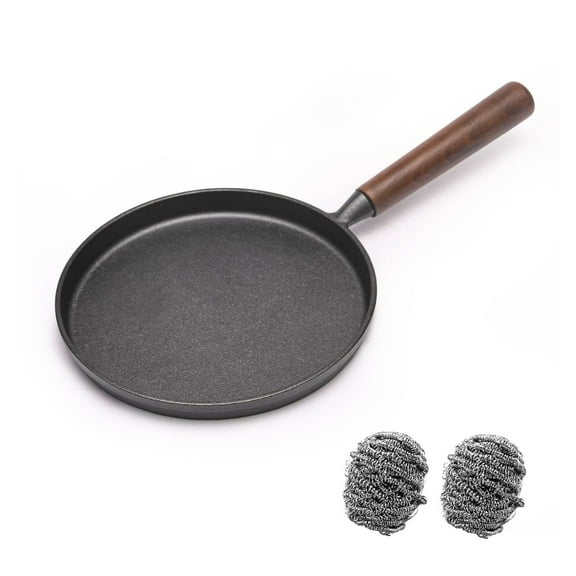 Cast Iron Pizza Pan 9 Inch - Uncoated Skillet for Pancakes, Steak & More - Non-Stick Fry Pan with Wooden Handle - Indoor/Outdoor Cooking - Handmade Pizza, Fried Foods