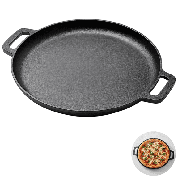 Cast Iron Pizza Pan, Flat Skillet, Round Griddle, Non-Stick Coating, Even Heating, Long-lasting, Double Handle Design, Enhanced Edge, Easy to Clean, Versatile for Omelets, Pancakes, Crepes