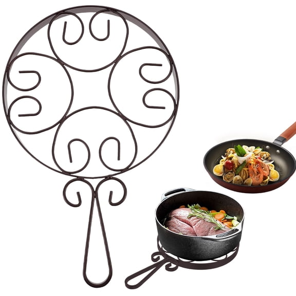 Cast Iron Place Mat with Long Handle, Anti-Scald Wok Mat for Dining Table, Heat Resistant Trivet for Pots and Pans, Decorative Metal Table Mat for Home and Parties (Coffee)