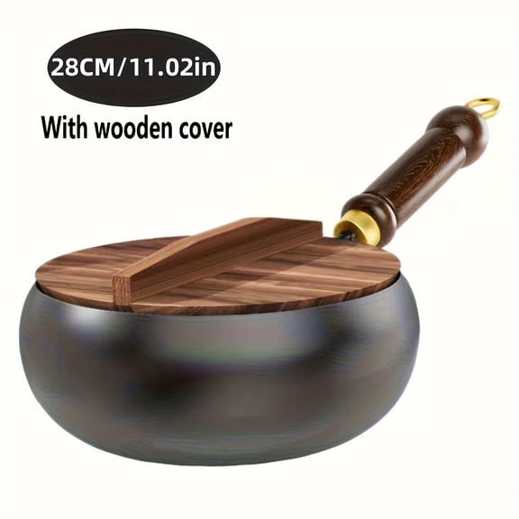 Cast Iron Pot with Wooden Lid, 11 Inch Cooking Pot for Stir Frying and Stewing, Black