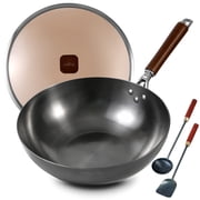 12" Carbon Steel Wok Nonstick Stir-Fry Pan with Lid & Utensil Set, Works on Induction Gas Electric Open Fire for Cooking Camping