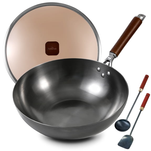 12" Carbon Steel Wok Nonstick Stir-Fry Pan with Lid & Utensil Set, Works on Induction Gas Electric Open Fire for Cooking Camping