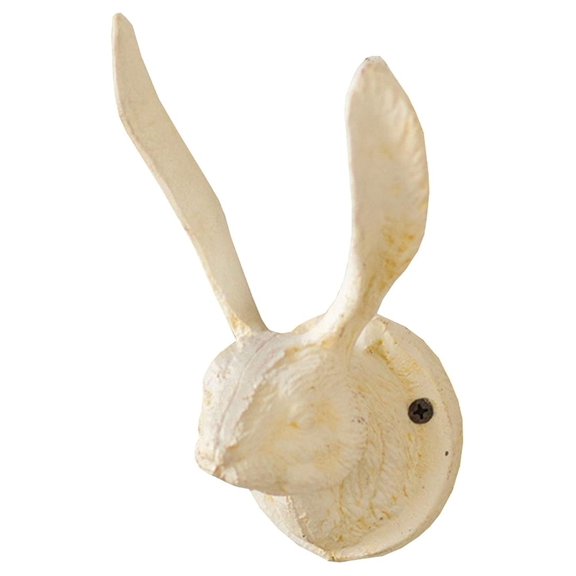Cast Iron Rabbit Wall Hook - Antique White - Decorative Wall Mounted Hooks for Coats, Hats, Keys - Farmhouse Style Home Decor - 5" x 4" x 7"