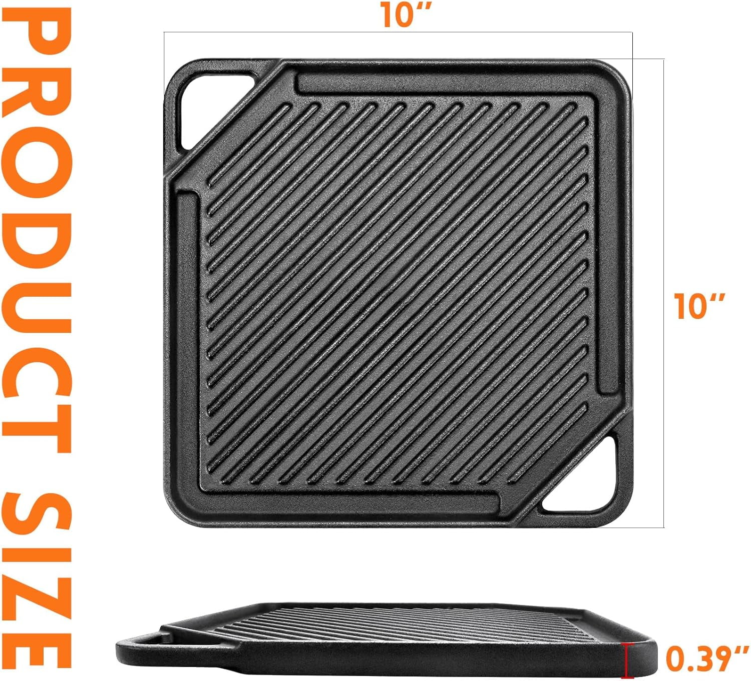 Cast Iron Reversible Griddle, 10x10 Square Baking Flat and Ribbed Griddle Plate for Gas Grills and Stove Tops