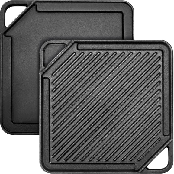 Cast Iron Reversible Griddle, 2-In-1 Griddle Pan for Gas Grills and Stove Tops, 10 x 10 Square Baking Flat and Ribbed Griddle Plate