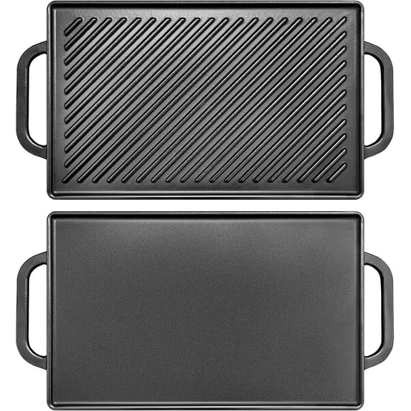 Cast Iron Reversible Griddle, Double-sided Griddle Pan for Indoor and Outdoor Cooking, 15 x 9 Griddle Plate with Flat and Ribbed Side for Stove Tops, Gas Grills and Camping