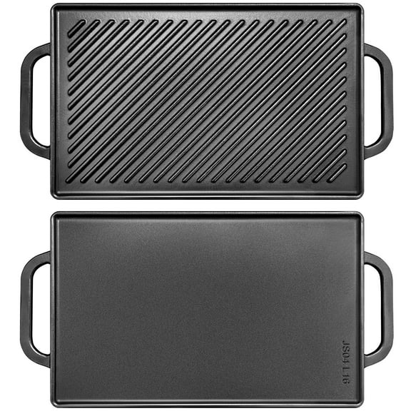 Cast Iron Reversible Grill Griddle Pan, Double Sided Cooking Plate for Gas Stove Top and Outdoor BBQ, 13 x 8.25 Inch Ribbed and Flat Surface, Black